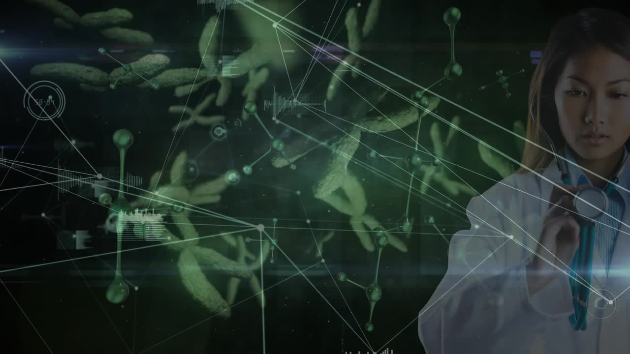 Animation of network of connections over asian female doctor against blood vessels