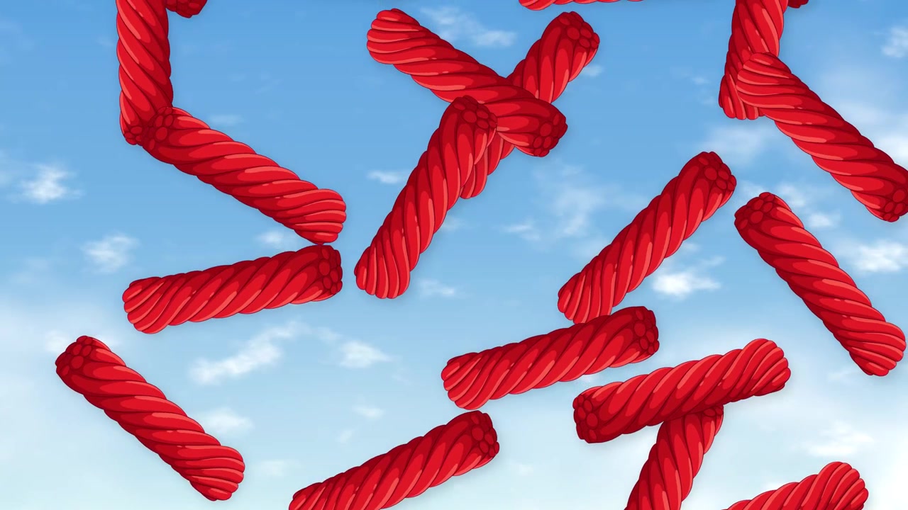 Red twisted candy pieces fall vertically against a sunny blue sky with soft clouds.