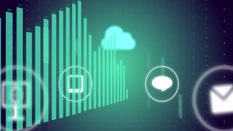 cloud computing and data analytics animation over bar graph and communication icons