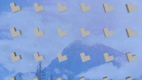animación de filas de formas abstractas patrón y nieve de navidad cayendo sobre el paisaje de invierno