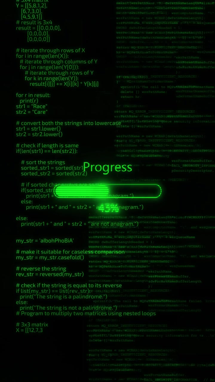 Green coding progress bar background with programming text glowing loading status and dark software