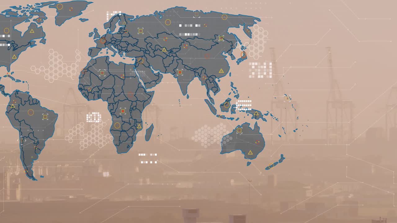 도시 풍경 위의 세계 지도 및 금융 데이터 처리의 애니메이션