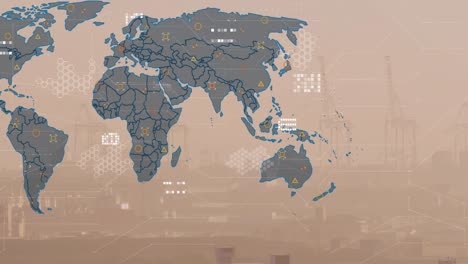 animación del mapa del mundo y procesamiento de datos financieros sobre el paisaje urbano