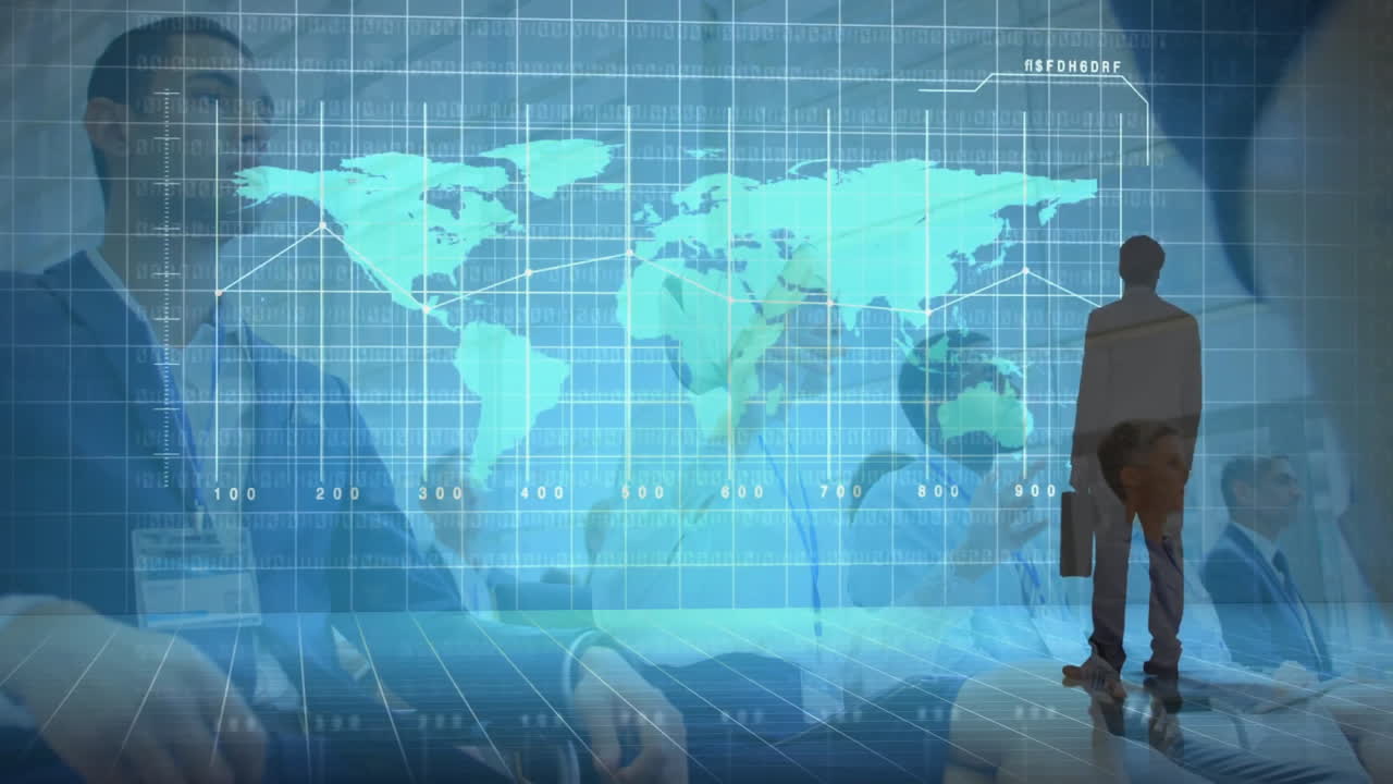 Business professionals analyzing data in meeting, showing interactive world map and line chart