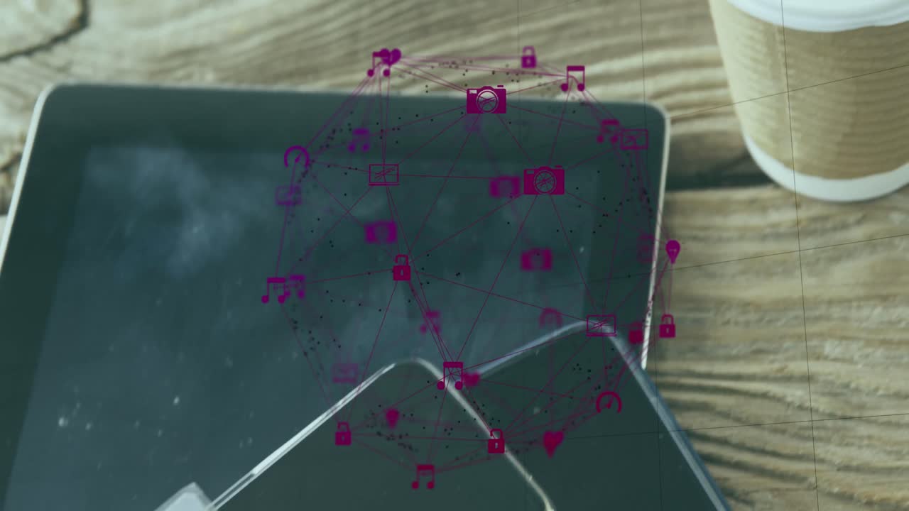 연결된 아이콘의 애니메이션 지구, 신용 카드, 커피 컵, 휴대 전화 및 디지털 태블릿 테이블