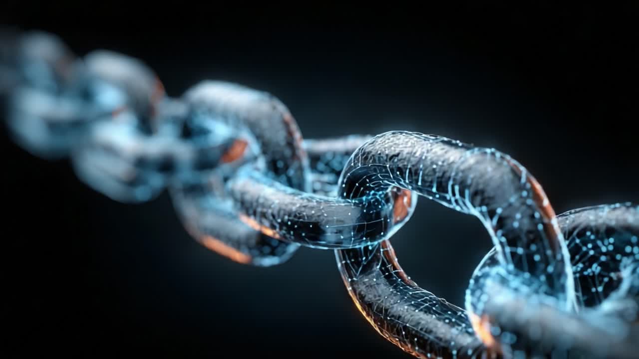 Close-Up of a Digital Chain Link in a Futuristic Style Emphasizing Strength and Connectivity with a Gleaming, High-Tech Appearance Against a Dark Background