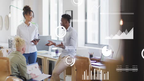 animation of financial data processing over diverse business people in office