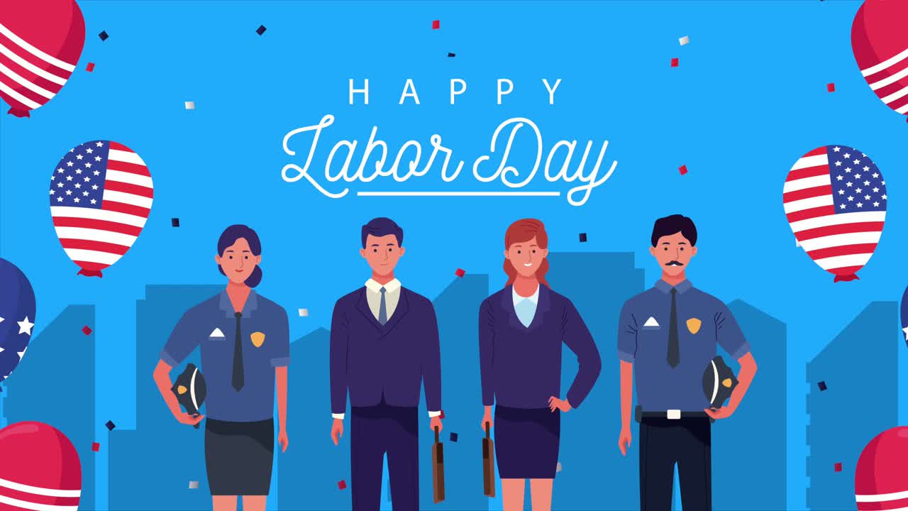 미국 국기와 풍선, 헬, 노동자의 축하 노동의 날
