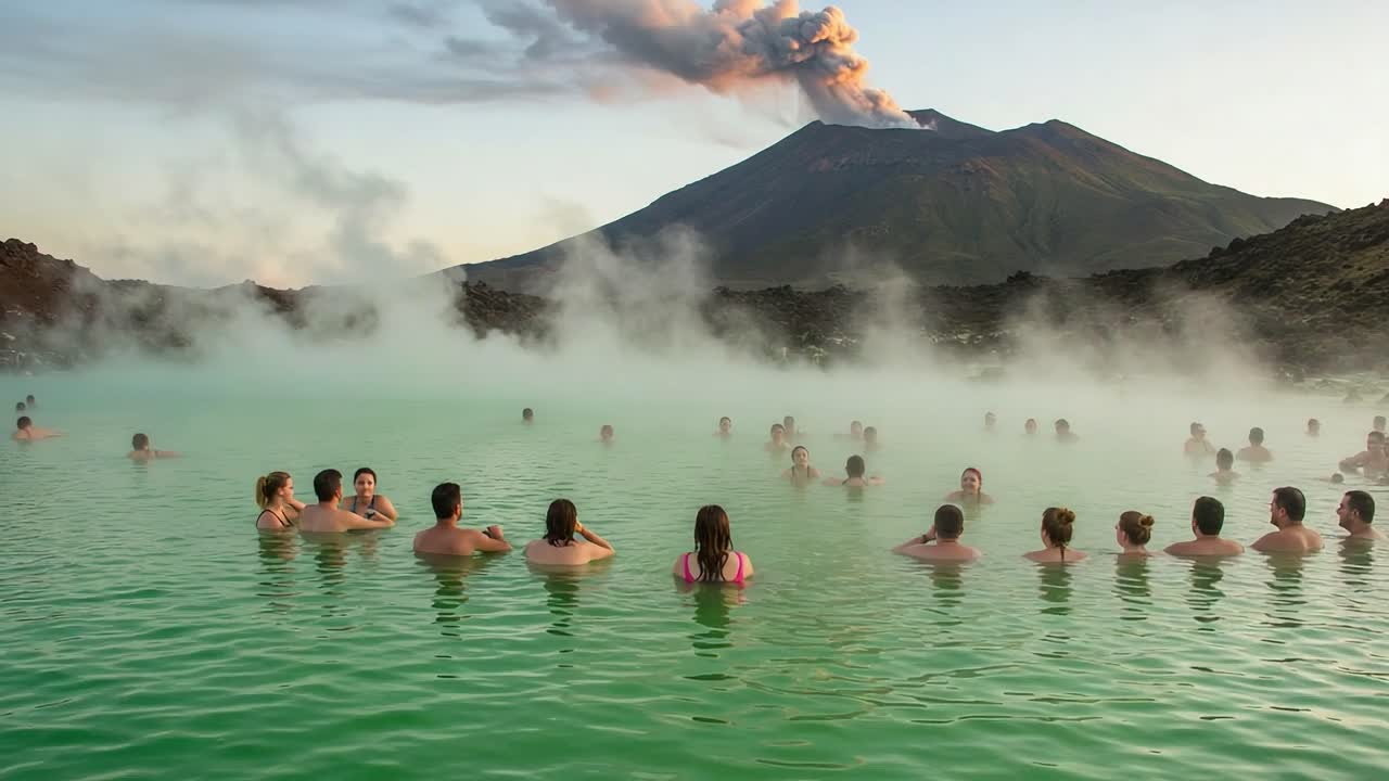 Relaxing in Geothermal Hot Springs with a Volcanic Backdrop, Surrounded by Steam and Natural Beauty, Witnessing Nature's Power in a Serene Environment