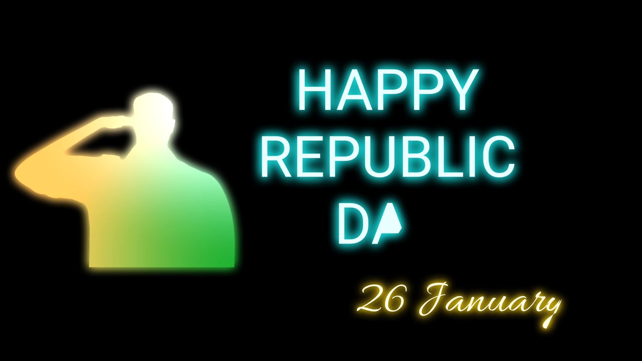 Schriftzug „Happy Republic Day“ mit salutierendem indischen Soldaten in Neon-Farbverlauf. Tag der Republik Animation isoliert auf schwarzem Bildschirm