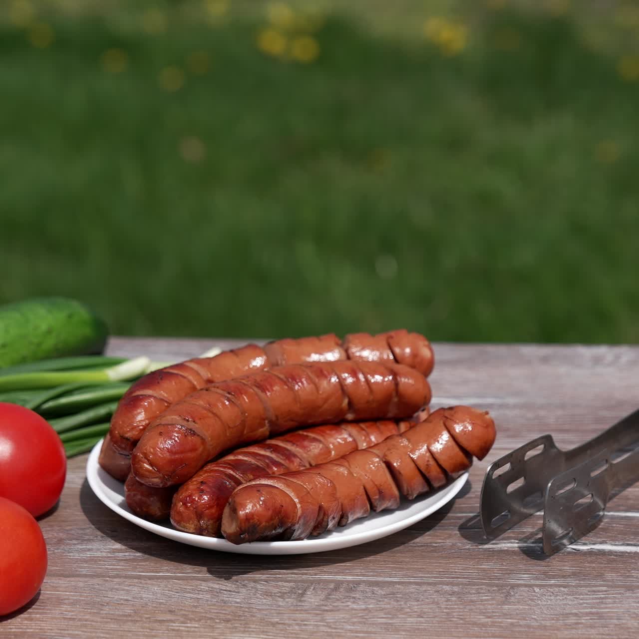 Grilled food and fresh vegetables in open air. Chef puts roasted hot dog sausage on a plate. Ready delicious food for a picnic on a wooden table outdoors