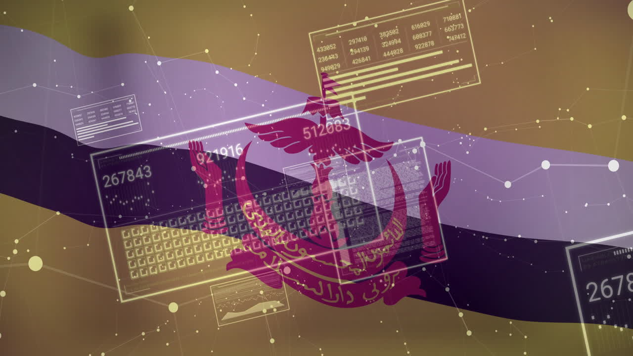Brunei flag with digital data and network connections overlay animation