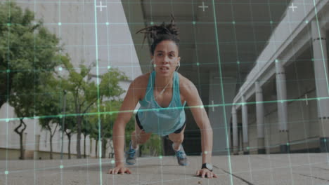 woman doing push-ups, fitness tracking animation over urban background