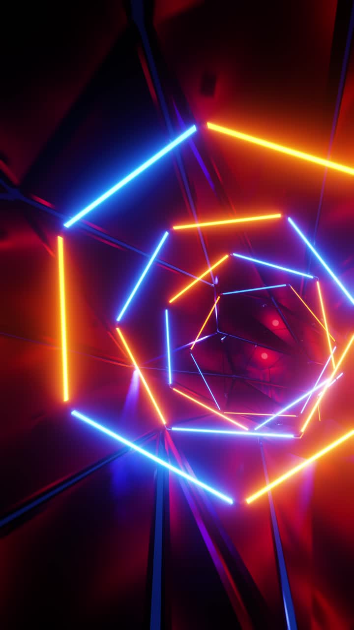 volando in un tunnel con luci fluorescenti blu e gialle lampeggianti. video a loop verticale