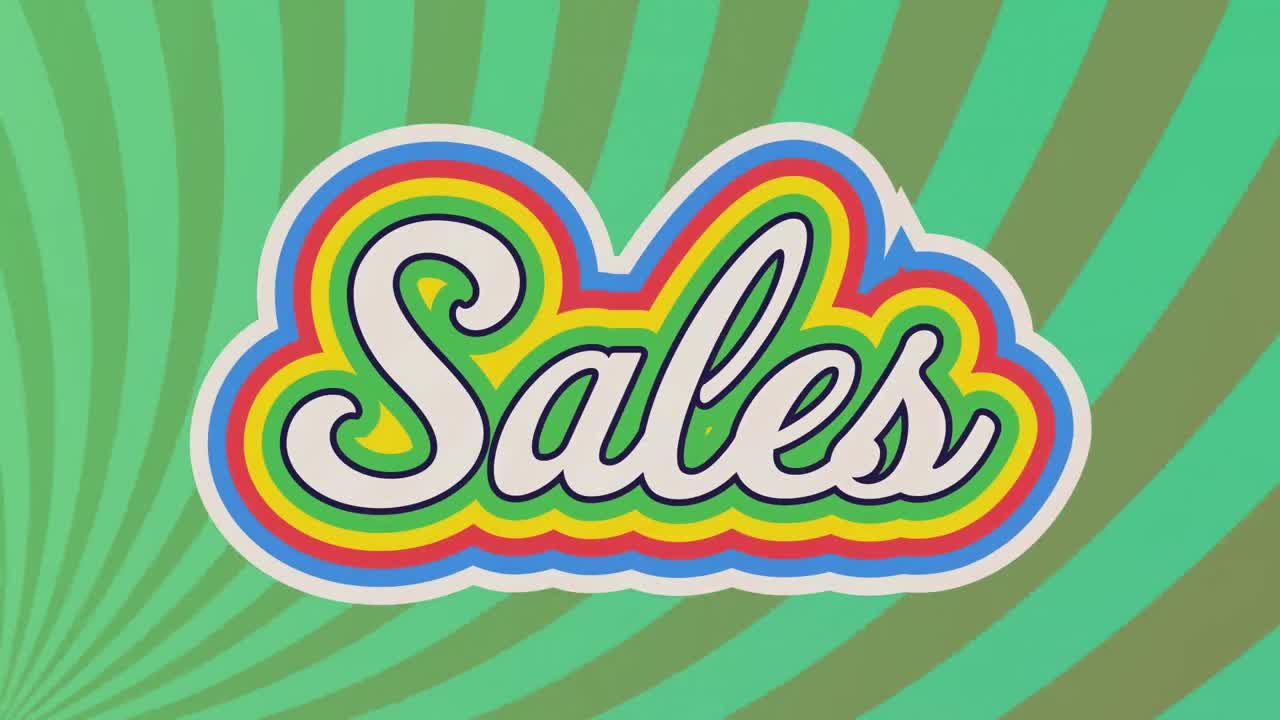 animación del banner de texto de ventas contra los rayos radiales en un patrón sin costuras sobre fondo verde