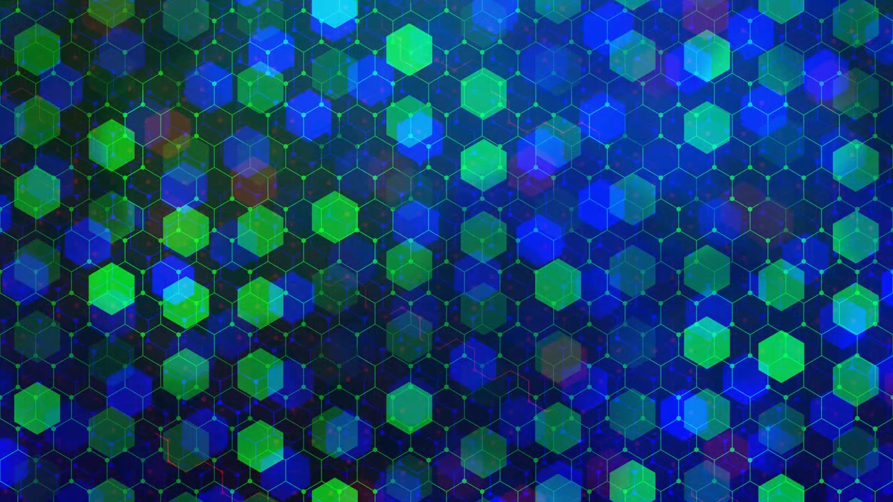 Vibrant blue and green hexagons, digital honeycomb grid pattern in motion, abstract loopable background, technology and science themes