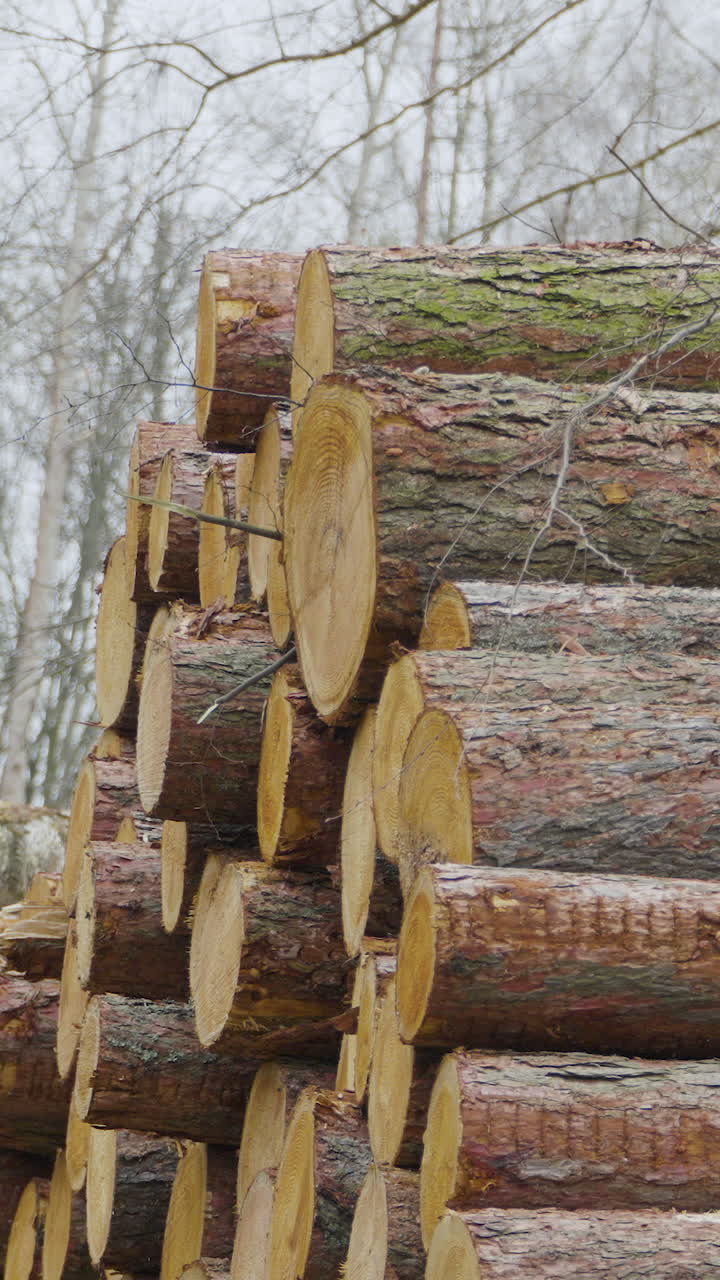 A large pile of freshly cut pine timber logs stacked in a winter forest. Ideal for forestry, timber industry, and environmental conservation themes