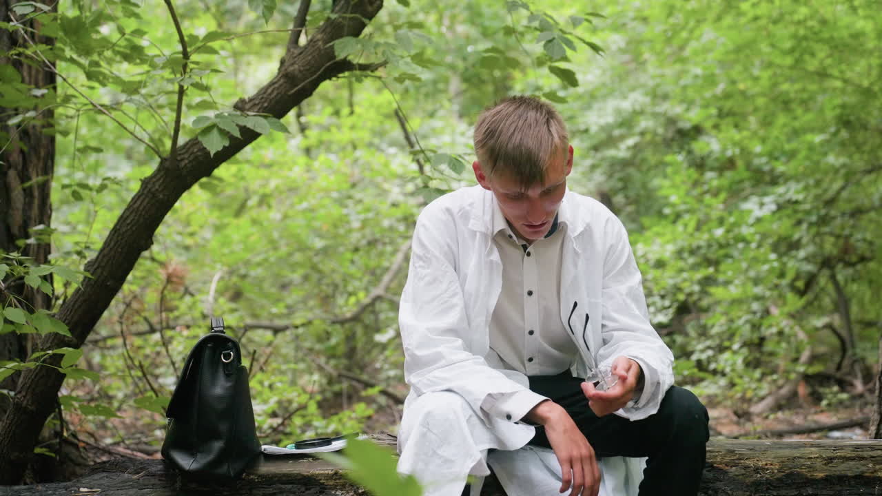Close view of scientific researcher in white coat sitting on dry stump in forest removing glasses while showing fatigue and exhaustion during outdoor work surrounded by trees