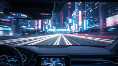 driving through a vibrant city at night from a car's perspective