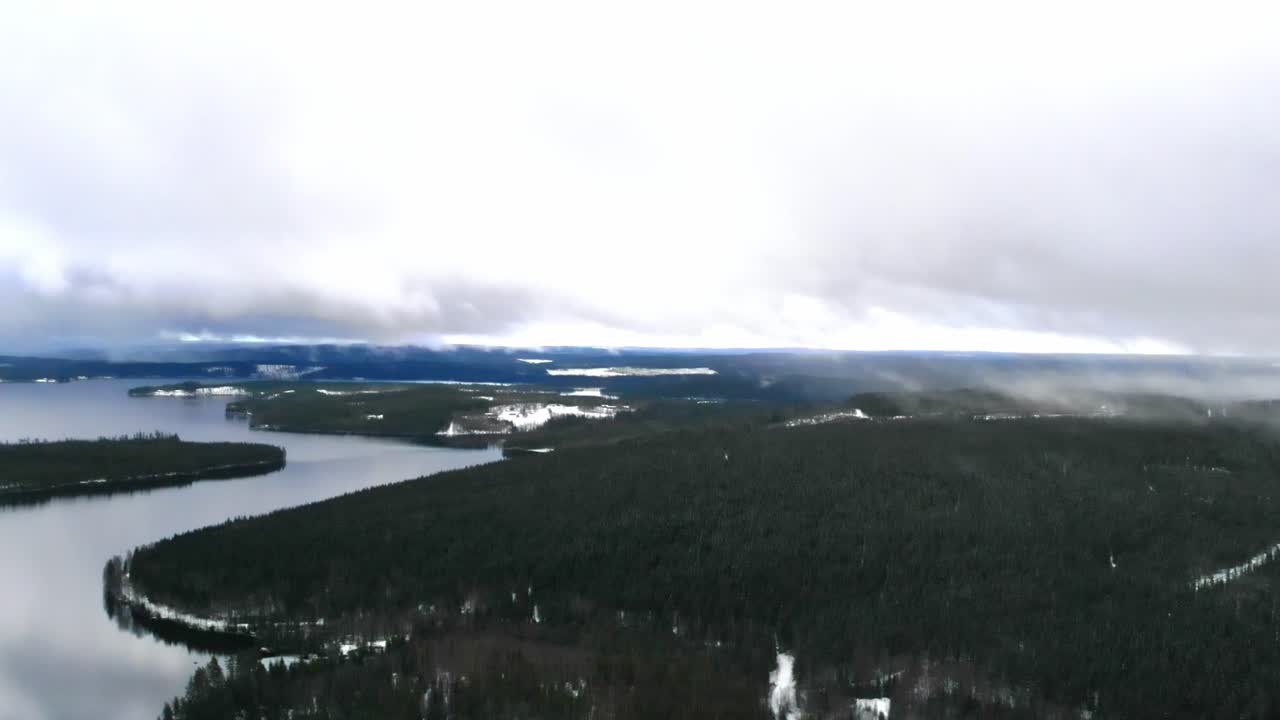 Drone shot of a snowy landscape in Sweden.