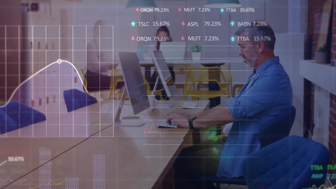 animazione dell'elaborazione dei dati finanziari su diversi uomini d'affari in ufficio