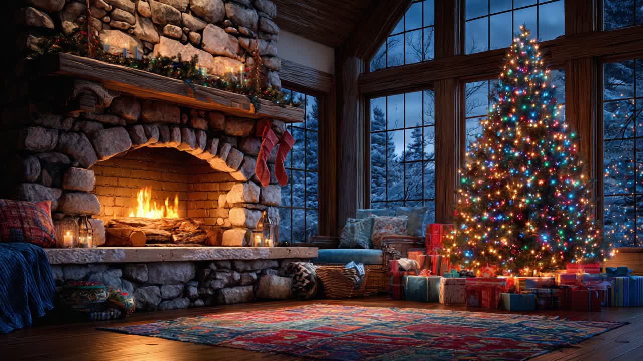 Cozy Winter Evening: A Beautifully Decorated Christmas Tree Next to a Warm Fireplace in a Rustic Room Surrounded by Gifts and a Winter Wonderland Outside