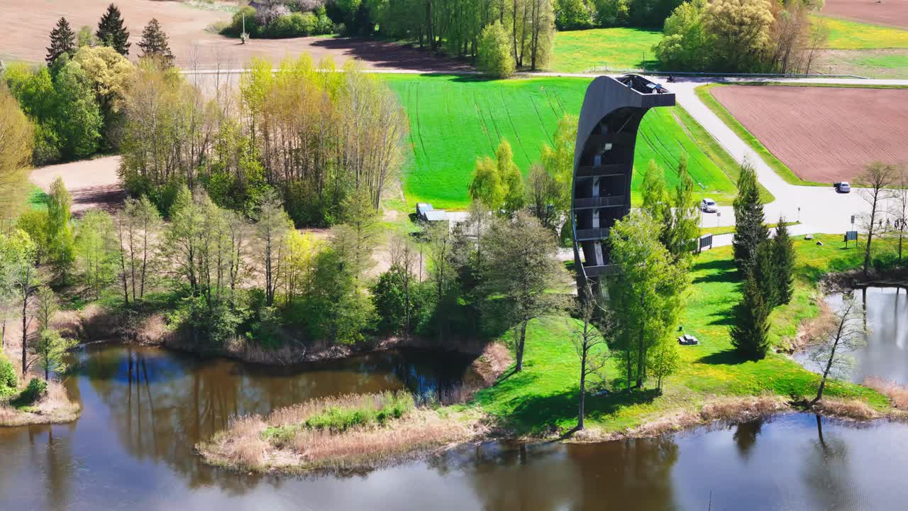 Moonshaped Observation Tower And Kirkilai Karst Lakes In Birzai Regional Park, Lithuania. Aerial Drone Shot