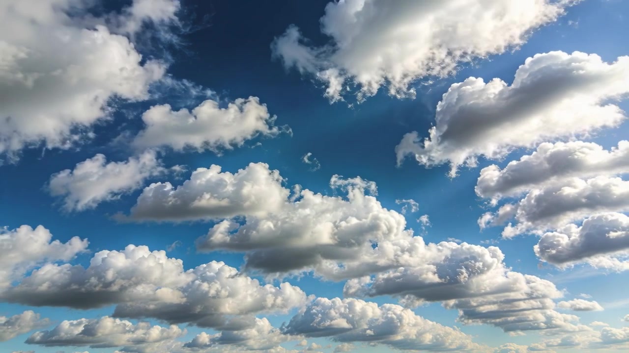 Riprese di nuvole cumuliformi che si muovono nel cielo blu mentre la telecamera inizia un'inclinazione verso l'alto, rivelando la luce del sole.
