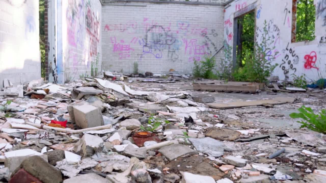 Interno di un edificio abbandonato con graffiti e detriti