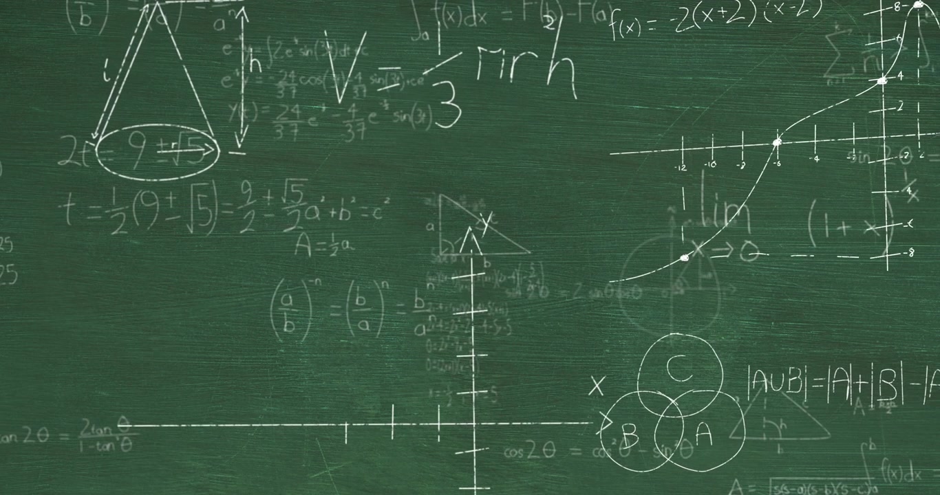 Animation of layers of mathematical formulae and equations over green chalkboard