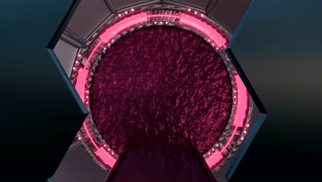 la escotilla de hierro abre una vista panorámica a la escena del paisaje de la nave espacial. fondo abstracto 3d de corredor de ciencia ficción con portal. tecnología futurista abstracto vj para títulos tecnológicos y fondo.
