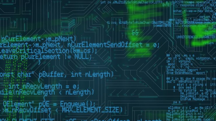 Digital animation of data processing against microprocessor connections on blue background