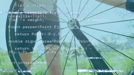 Animation-of-data-processing-over-caucasian-man-repairing-bike-wheel-outdoors