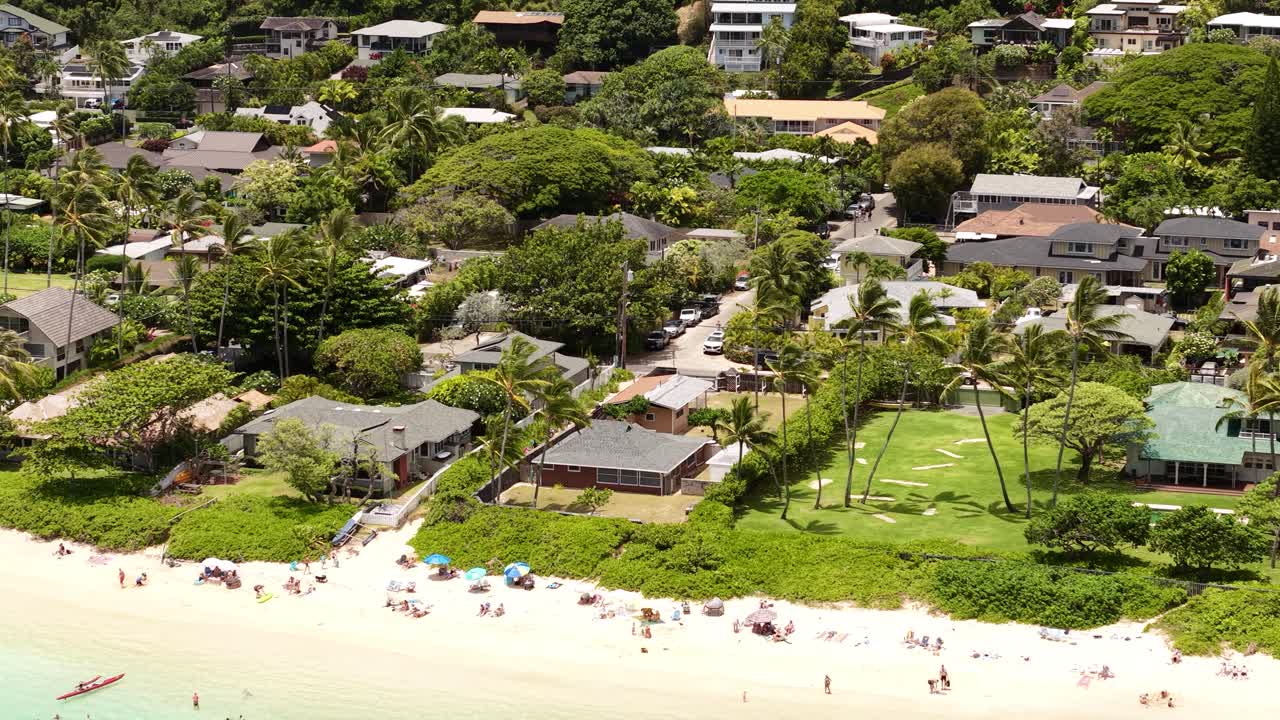 Drone Shot of Houses and Homes Along Lanikai Beach, Oahu Island, Hawaii USA