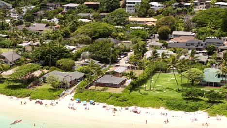 drone shot of houses and homes along lanikai beach, oahu island, hawaii usa