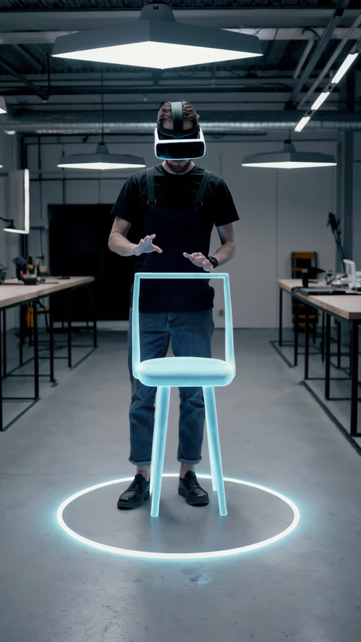 Uomo con visore VR e una sedia virtuale in un laboratorio tecnologico