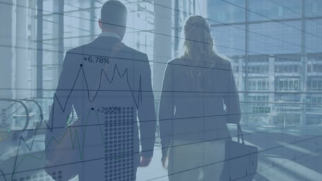 animation of financial graphs over diverse businesspeople walking in office