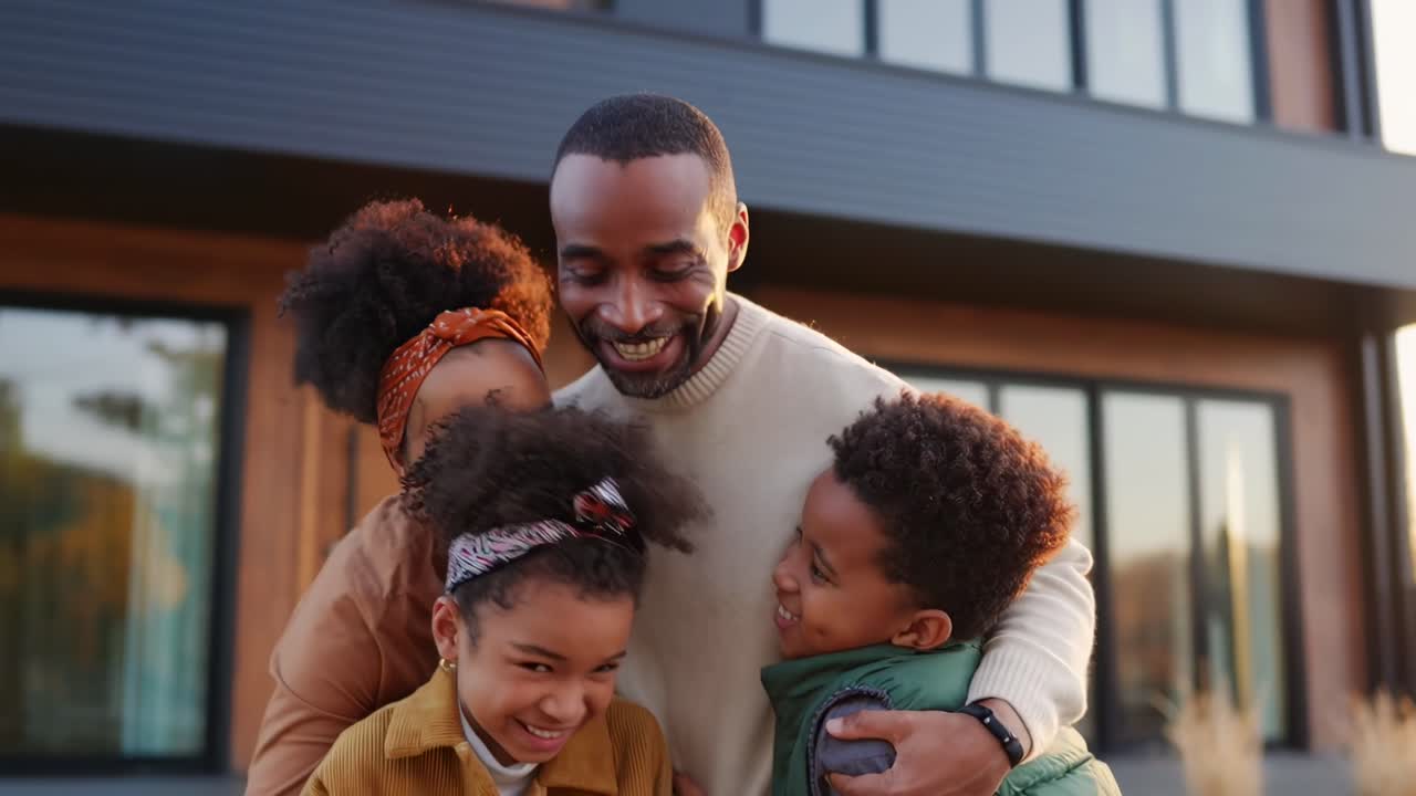 Commovente scena video di una famiglia, angolazione bassa, che mostra un gioioso abbraccio all'aperto