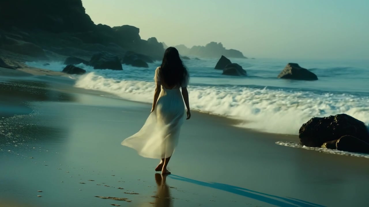 Woman in White Dress Walking Along the Seashore at Sunset