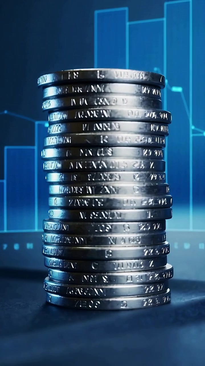 Vertical video: Panning cam coins rotating revealing rims on desk to show market data on blue chart
