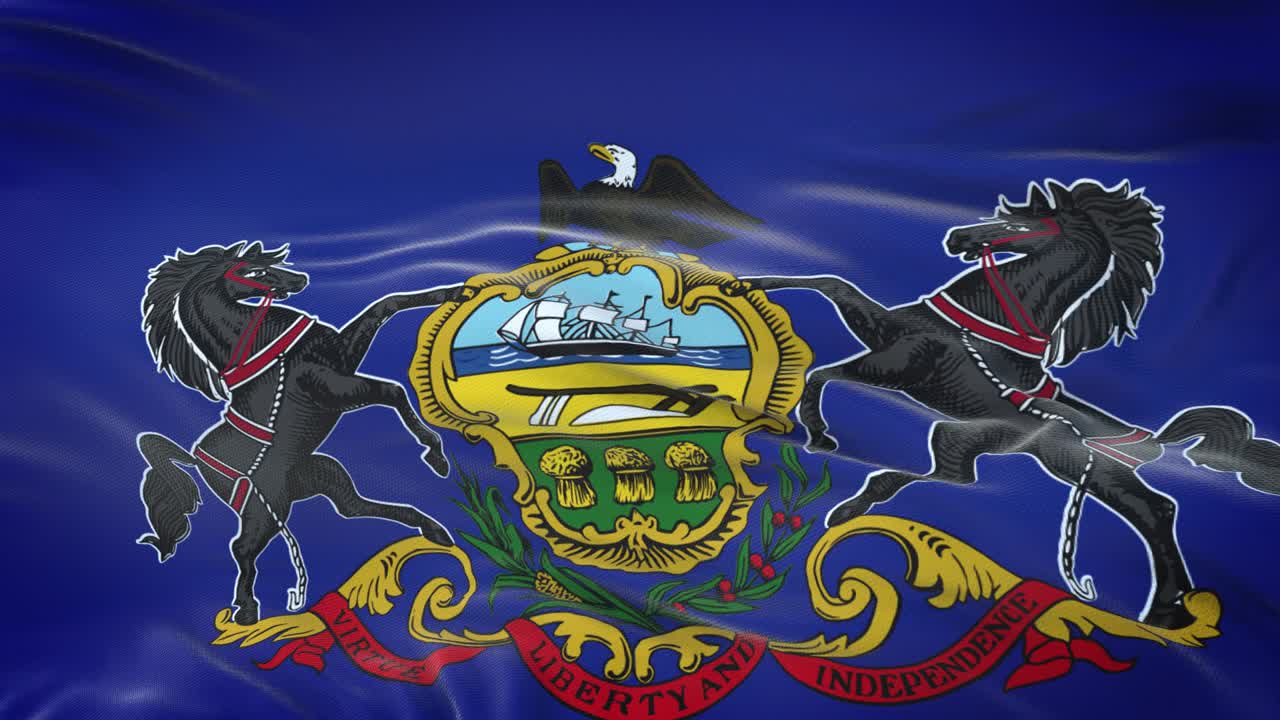 pensilvania (estado de los estados unidos) bandera ondeando en el viento con textura de tela muy detallada. bucle sin costuras