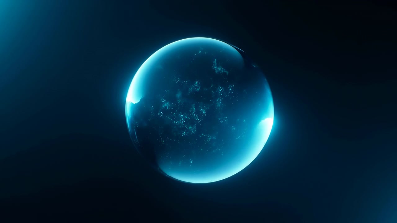 A luminous blue orb floats against a deep black backdrop, with a soft outer glow, subtle surface texture, and a bright flare near the lower edge, creating a