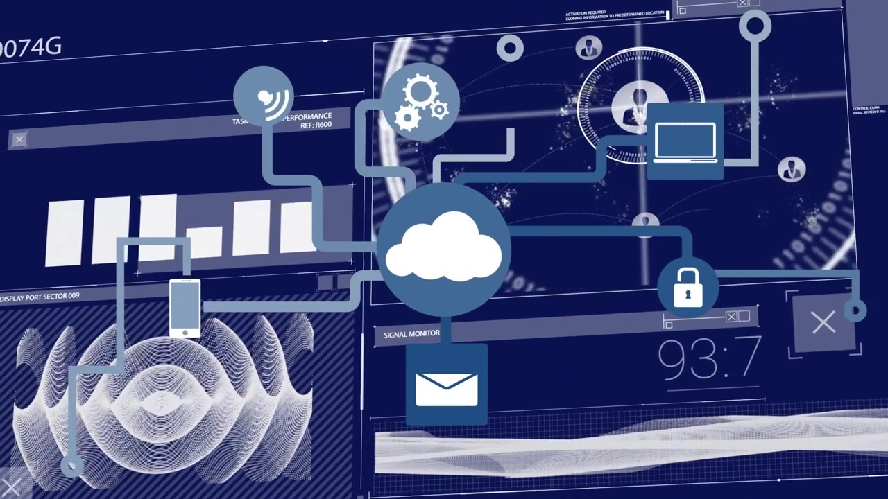 Animazione di elaborazione dati su icone multimediali.