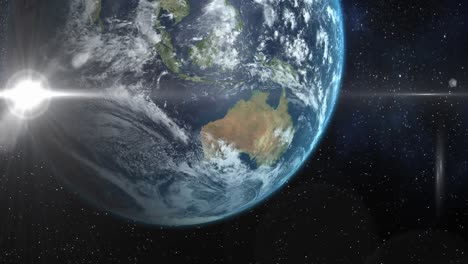 animation of planet earth in universe and glowing star seen from space