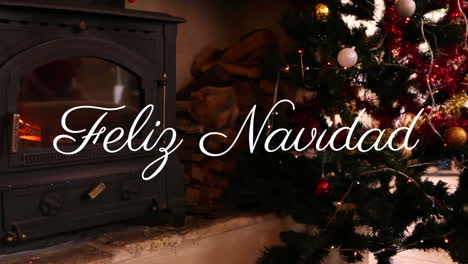 Animation-of-feliz-navidad-over-christmas-presents,-fireplace-and-tree