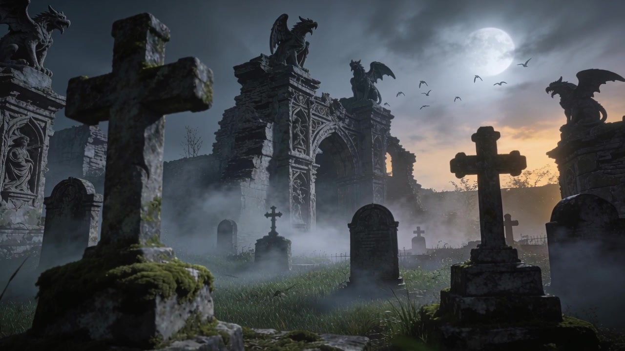 Telecamera che panoramica rivelando una croce di pietra muschiosa a sinistra in un cimitero gotico, con nebbia alla deriva e la luna che emerge.