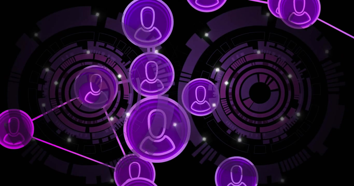 Drifting purple spheres emitting glowing lines linking into rotating hub and showing network growth
