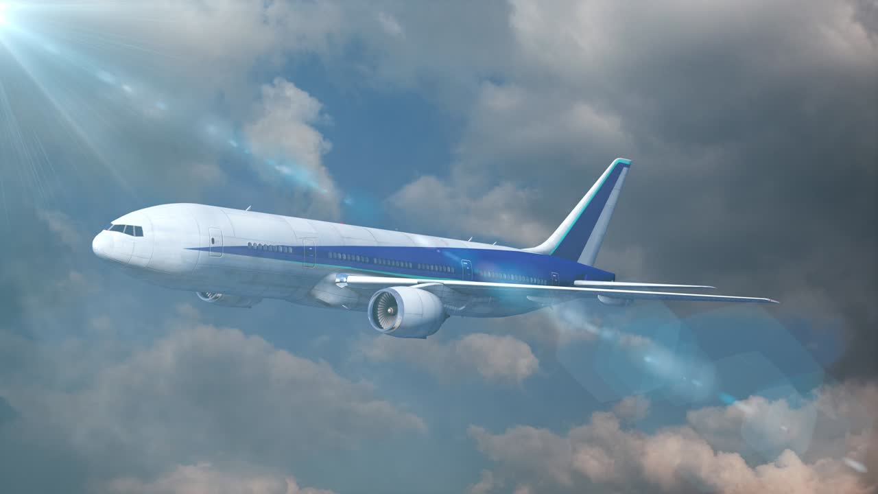 viaje en avión volando en el cielo nublado animación