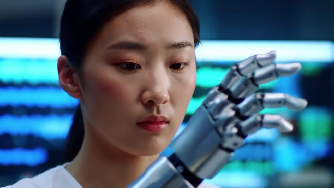 A Close-Up of a Woman Engaged in Emotional Connection with a Robotic Hand, Exploring Themes of Technology, Human Interaction, and Future Innovations