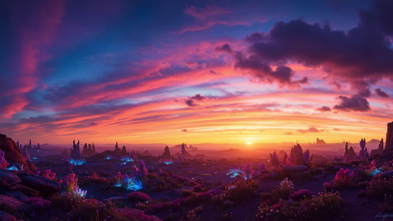 Dynamic Celestial Landscape with Vibrant Pink and Blue Hues Reflecting a Stunning Sunset Over An Otherworldly Terrain Rich in Flora and Rock Formations